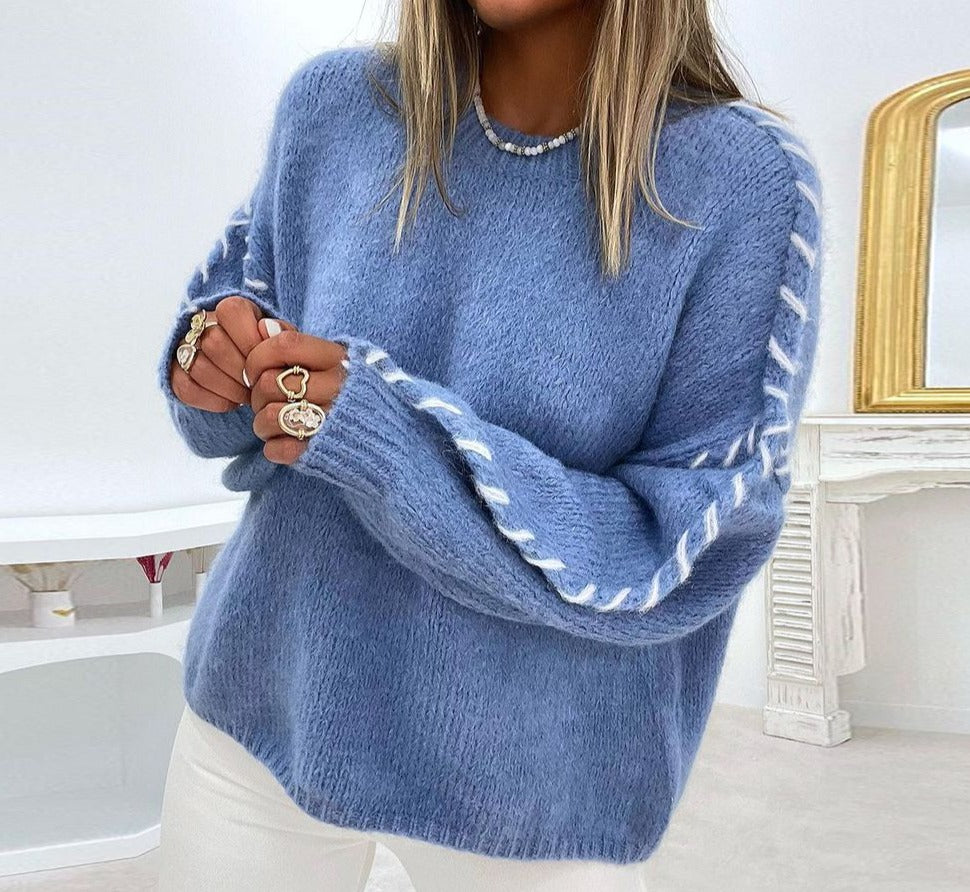 Lucie - Pull bleu uni jeune avec manches longues