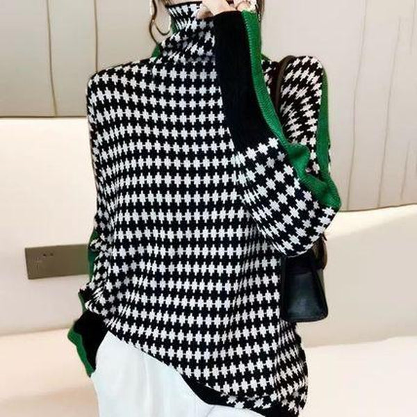 Myriam - Pull rayé vert avec motif à carreaux noir et blanc