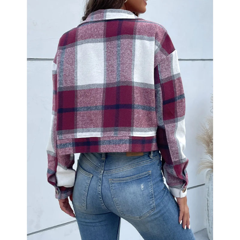 Diane - Blouson Bomber à Carreaux, Modèle Court avec Fermeture à Boutons et Fermeture Éclair