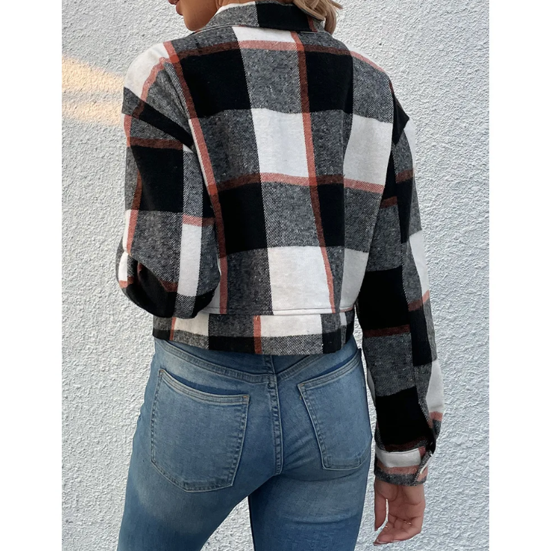 Diane - Blouson Bomber à Carreaux, Modèle Court avec Fermeture à Boutons et Fermeture Éclair