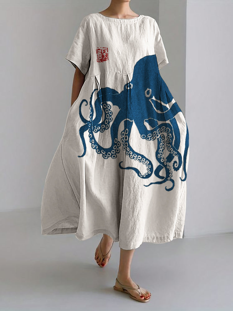 Gabriella - Robe longue en lin mélangé avec motif japonais en lin Octopus