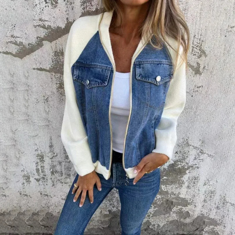 Édith - Blouson Bomber Look Denim avec Détails de Poches et Coupe Confortable