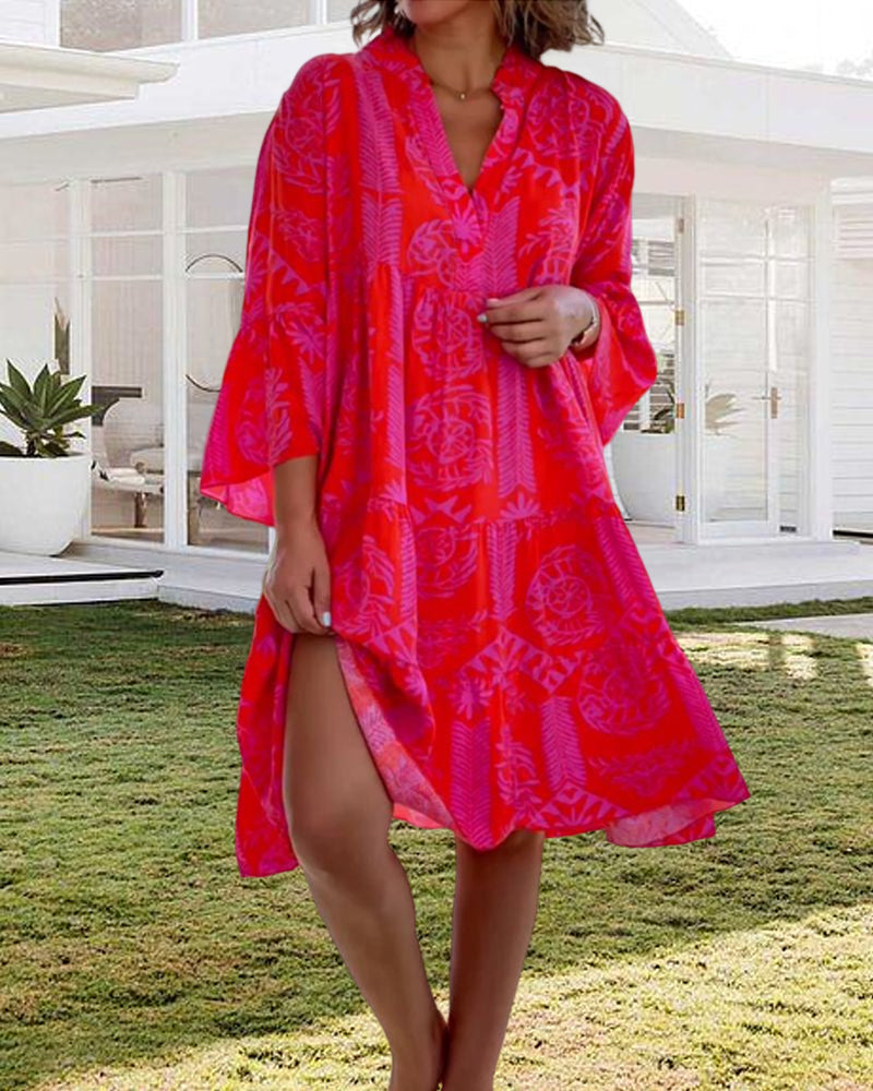 Florine - Robe à manches 3/4 à imprimé géométrique Boho