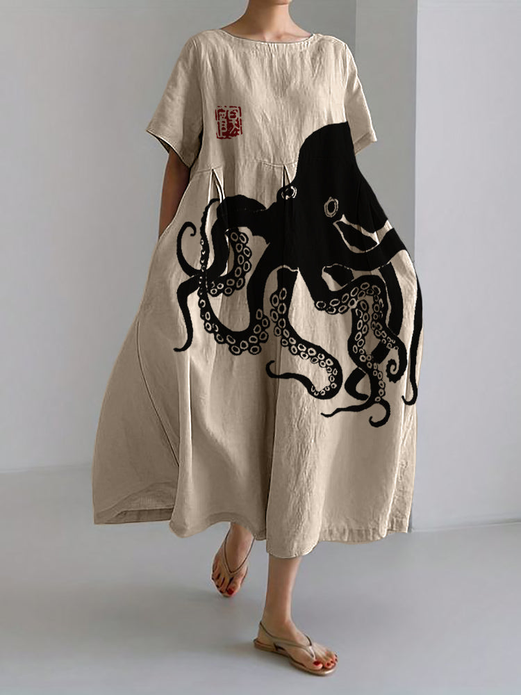 Gabriella - Robe longue en lin mélangé avec motif japonais en lin Octopus