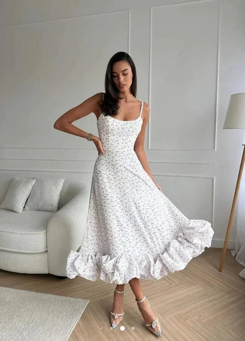 Hélène - Robe Midi avec Volant et Bustier Raffiné