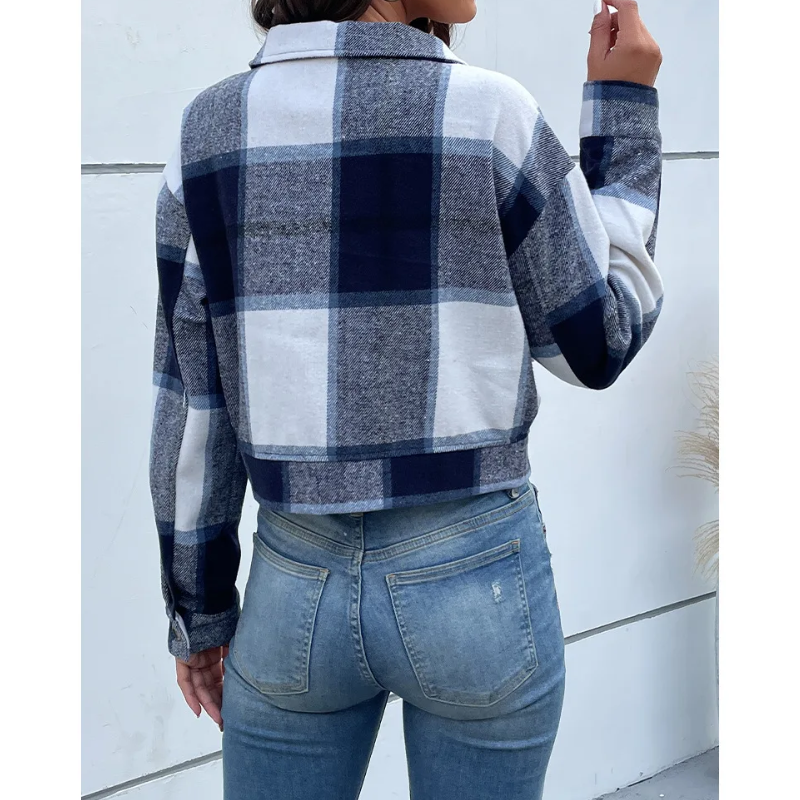 Diane - Blouson Bomber à Carreaux, Modèle Court avec Fermeture à Boutons et Fermeture Éclair