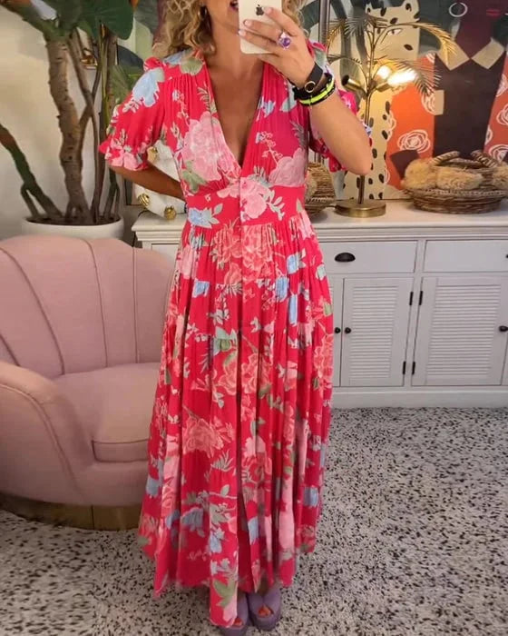 Lucie - Robe à Col en V et Imprimé Floral Éclatant