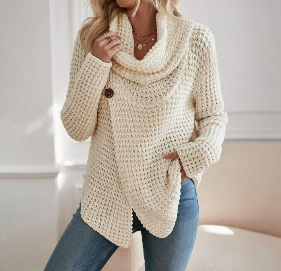 Ninon - Pull beige uni à col montant