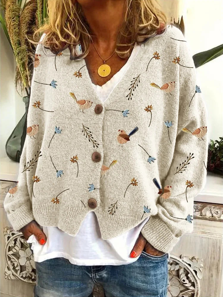 Esther - Cardigan tricoté pour femme avec broderie de fleurs et d'oiseaux