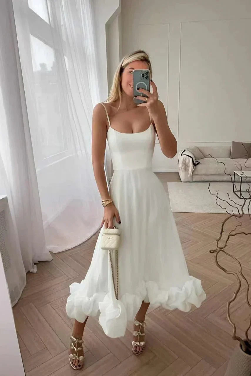 Hélène - Robe Midi avec Volant et Bustier Raffiné