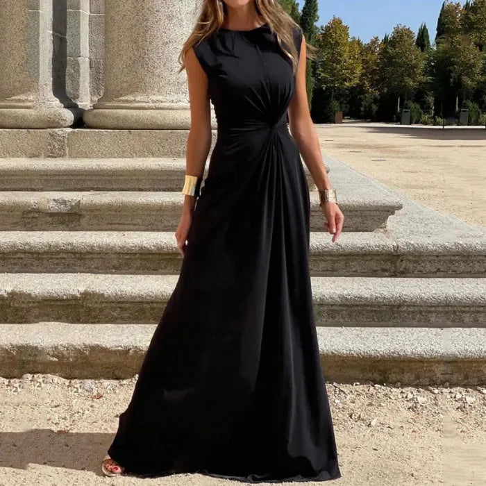 Nathalie - Robe Longue Élégante à Col en V Unicolore