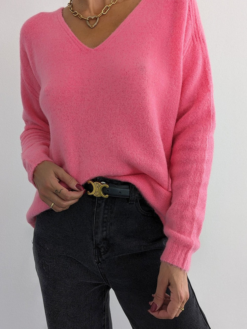 Rose - Pull mignon uni à manches longues