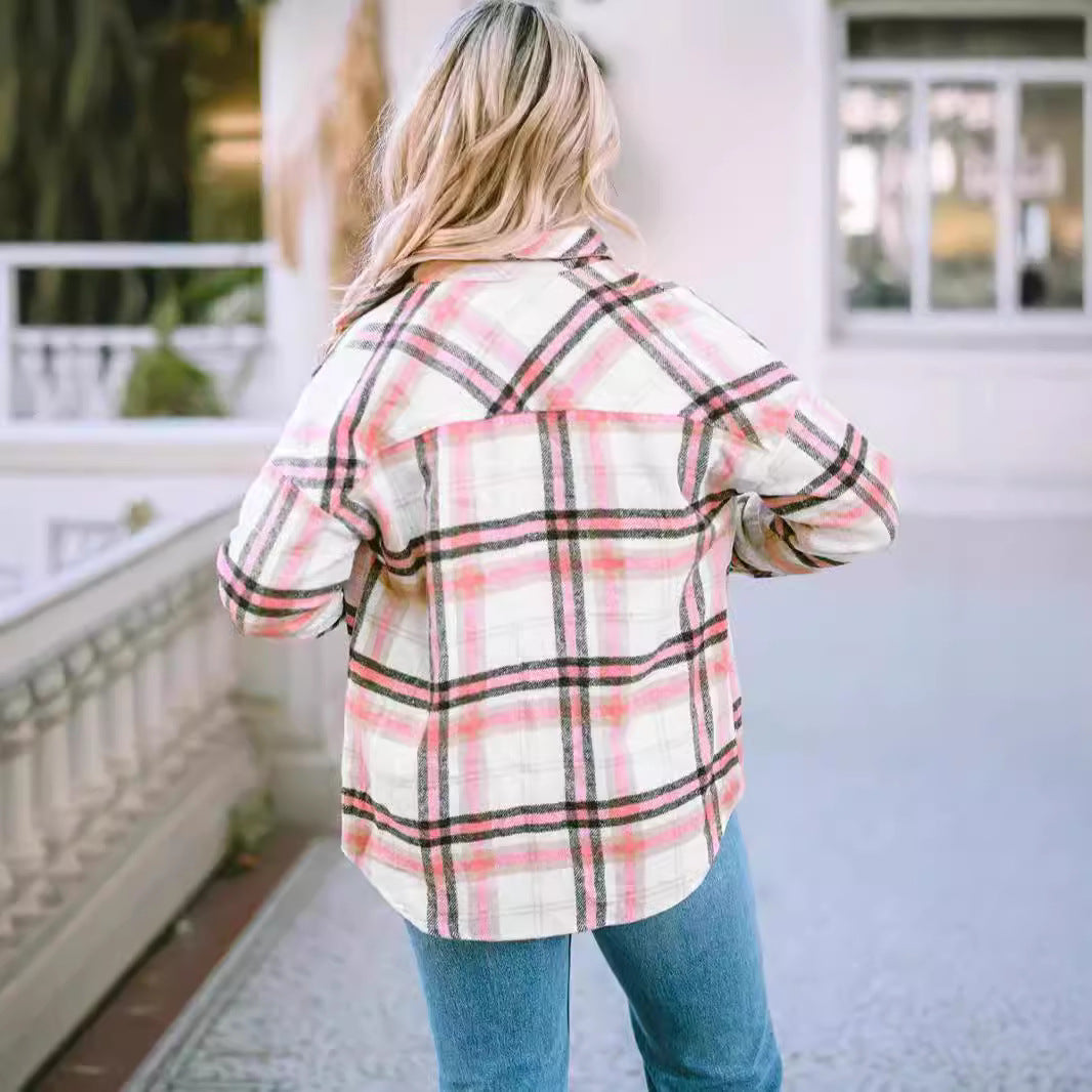 Inès - Manteau Décontracté à Carreaux avec Manches Longues et Doublure