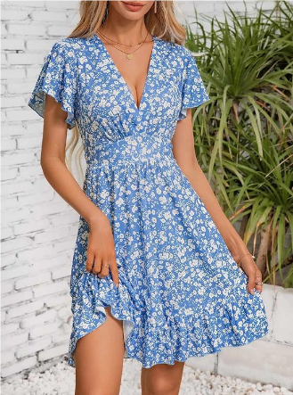 Laura - Robe à col en V et à volants avec boucle élégante et florale