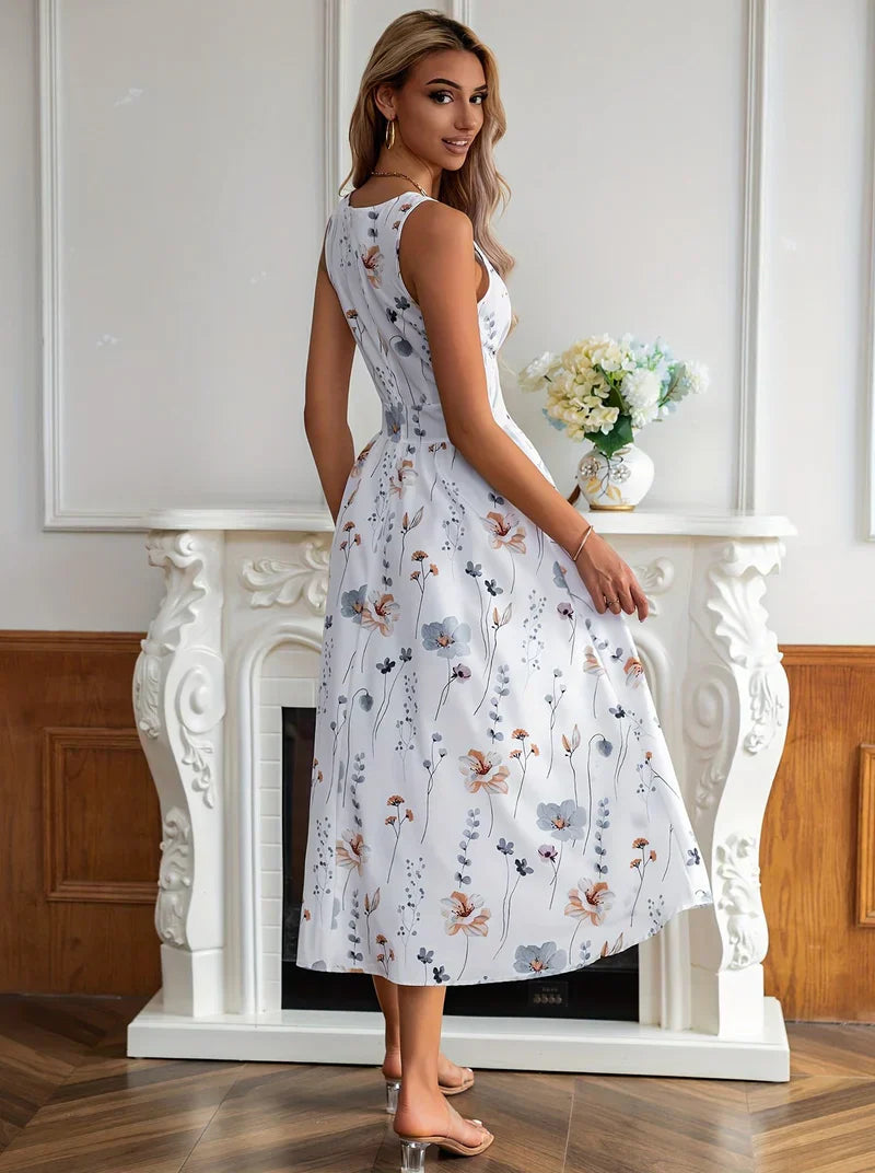 Lola - Robe midi élégante avec imprimé floral, décolleté profond en V et taille haute