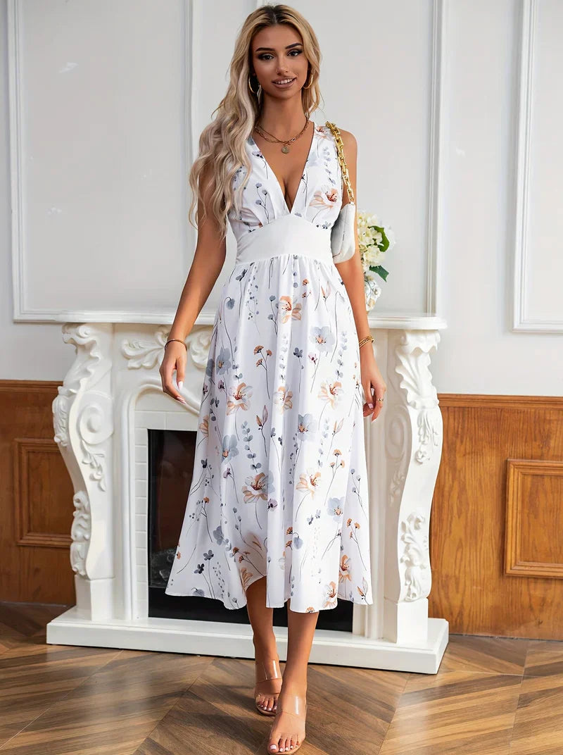 Lola - Robe midi élégante avec imprimé floral, décolleté profond en V et taille haute