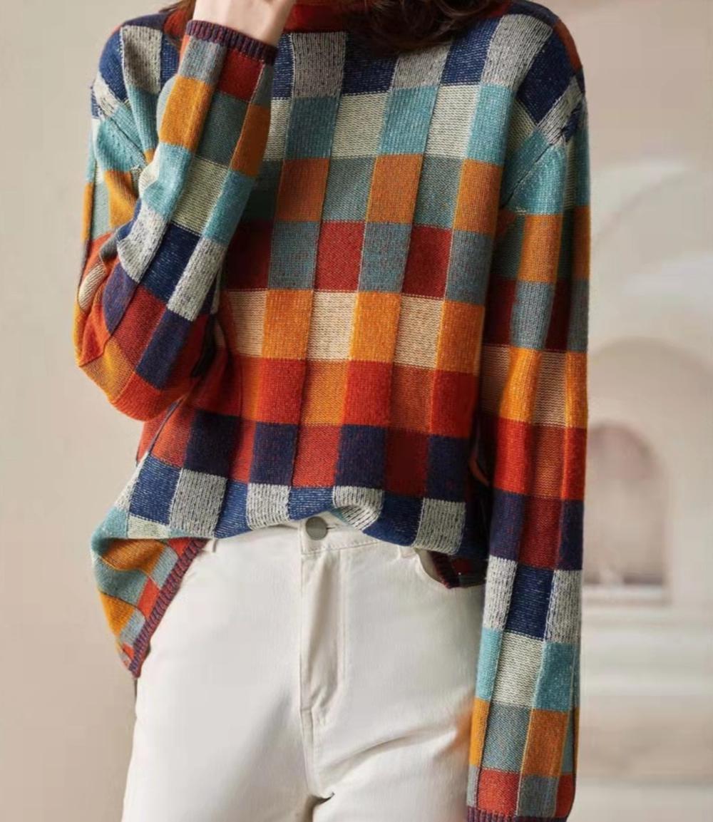 Daphne - Pull d'automne avec col montant et motif damier