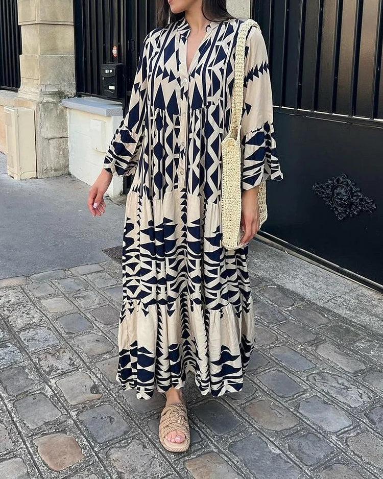 Karla - Robe décontractée à la mode avec col en V et manches longues imprimées