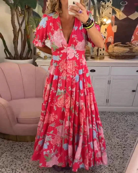 Lucie - Robe à Col en V et Imprimé Floral Éclatant