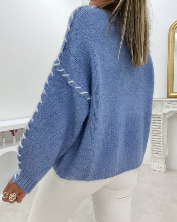 Lucie - Pull bleu uni jeune avec manches longues