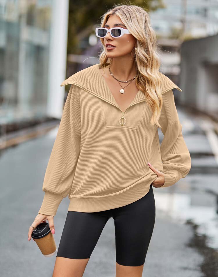 Sabine - Pull beige avec fermeture éclair pour un look classique