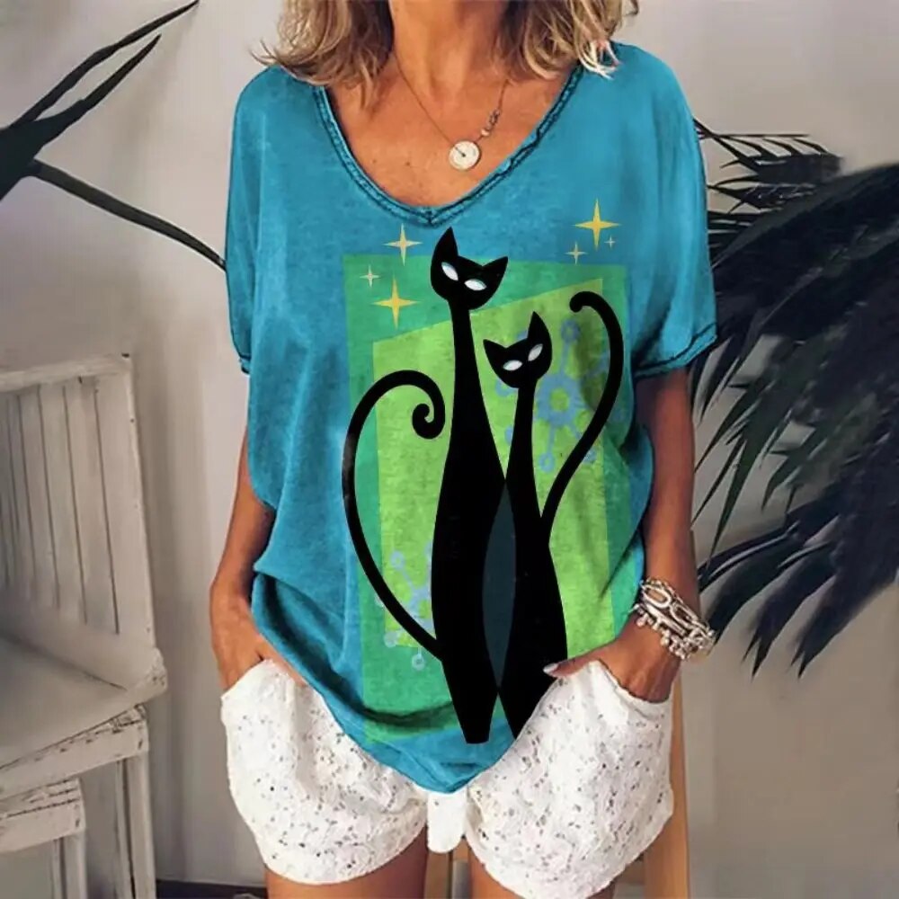 Katharina - T-shirt Airy pour femmes avec imprimé chat et col en V