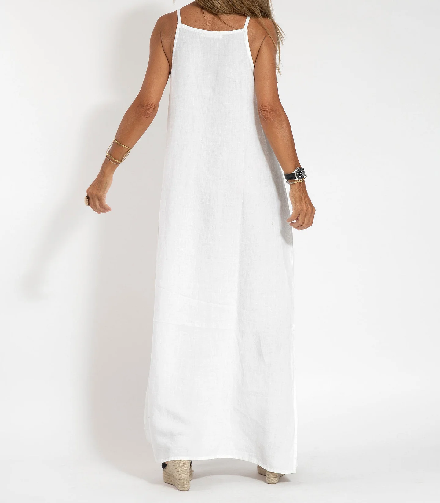 Camila - Élégante Robe Longue Sans Manches en Coton et lin de Couleur Unie