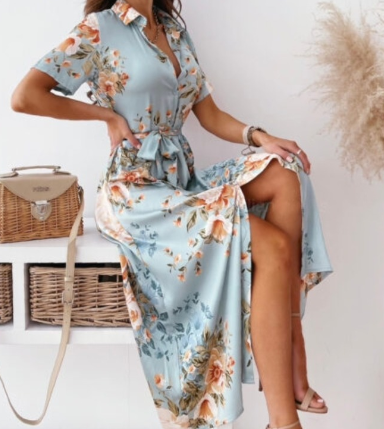 Hélène - Robe Midi Bleue à Manches Courtes